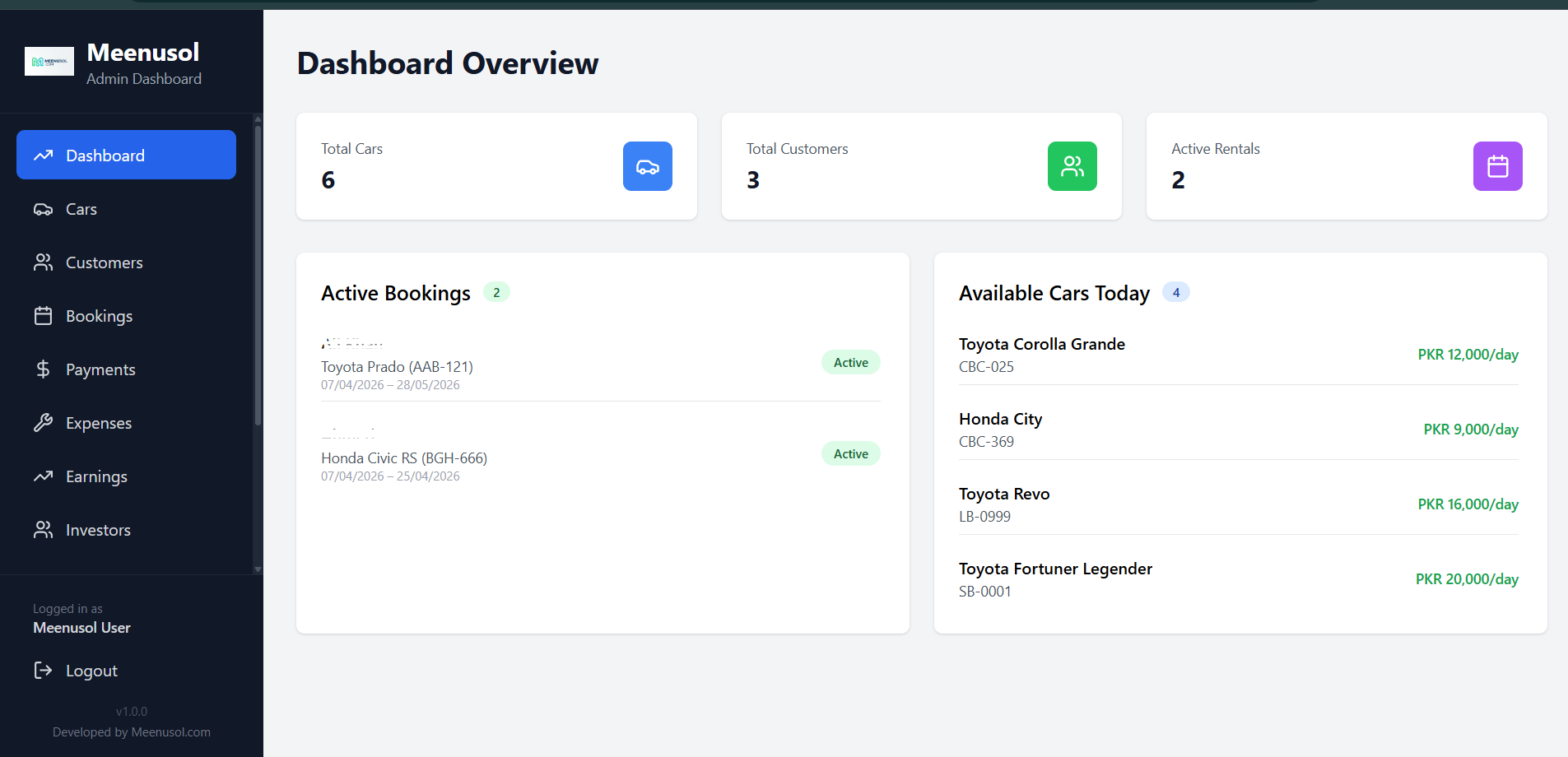 Car rental system screenshot 2